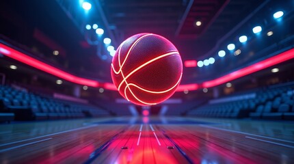 Glowing basketball suspended above illuminated court neon blue