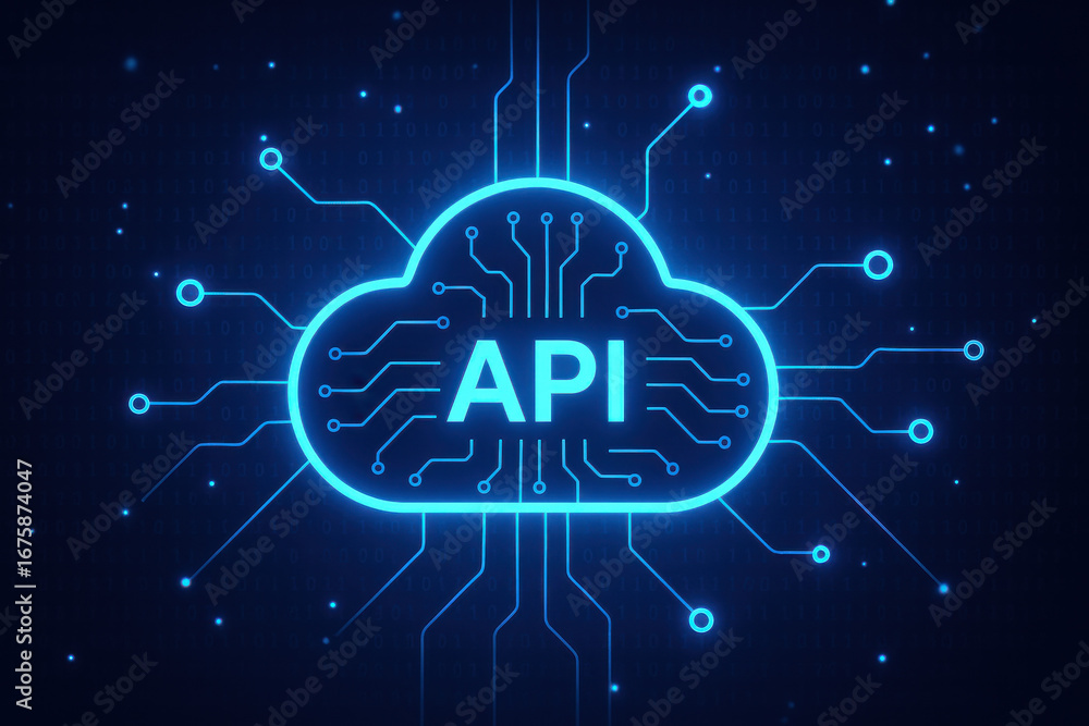Poster api cloud technology concept with digital circuit lines on dark background
