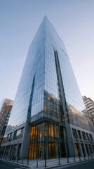 Fototapeta premium Modern Glass Skyscraper In Urban Setting At Dusk. Architectural Marvel Reflecting Cityscape