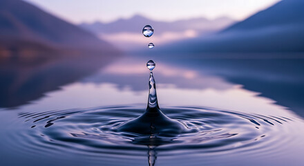 Water drops creating ripples on a calm lake surface with mountains in the background at twilight, showcasing nature's tranquility.