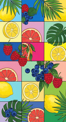 Colorful grid illustration featuring various fruits like lemons, raspberries, grapefruits, and blueberries with tropical leaves.