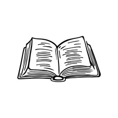 Illustration of an open book with visible pages and spine in a simple black and white style drawing