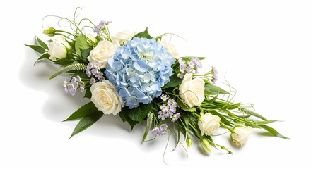 Elegant Arrangement of White Roses and Blue Hydrangeas with Delicate Greenery and Baby's Breath Flowers