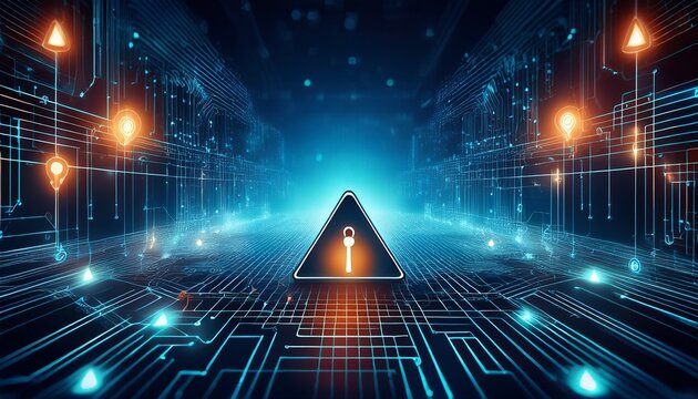 cybersecurity concept with network nodes and warning alert for hack attempt origin unknown illustrating digital data protection and threat detection in technology systems