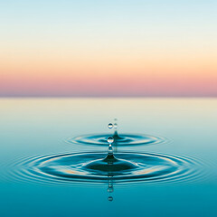 Close-up of water droplets creating ripples on a serene, reflective surface with a colorful sky.