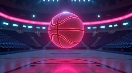Glowing pink basketball suspended above illuminated court neon