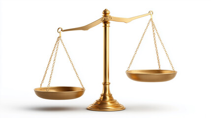 Golden balance scale symbolizing justice, law, and fairness isolated on white background
