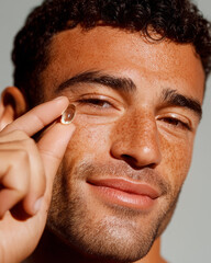 Obraz premium A young man holds a vitamin B capsule. Vitamins and supplements for health and immunity.