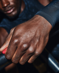 Fototapeta premium An African-American male athlete in dark sportswear holds a pill in his hand. Concept of fitness, health, and vitamins.