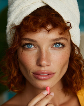 A woman after a shower with a towel on her head holds a pill in her hand. Vitamins for skin and rejuvenation.