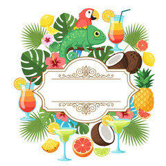 Cartoon Tropical Animals with Cocktail Label Vector Illustration