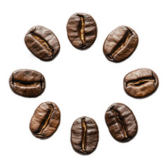 Nine coffee beans arranged in a circle on a transparent background