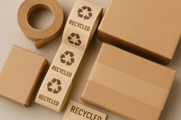 Recycled packaging boxes and tape with eco friendly labels for sustainable shipping and storage