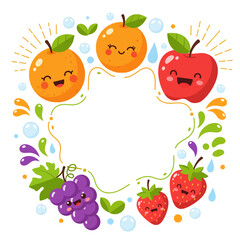 Kids-friendly juice label with cartoon fruit characters.ai: A fun, whimsical vector illustration featuring cute orange, apple, strawberry, and grape characters, perfect for a juice or food label