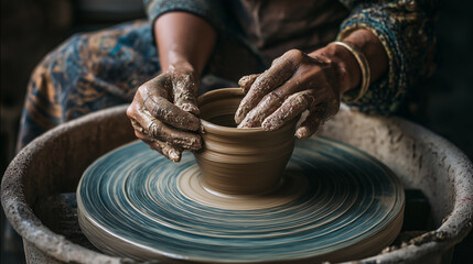 Close-up of hands shaping clay on a pottery wheel, traditional ceramic craftsmanship in progress with muddy fingers and spinning wheel
