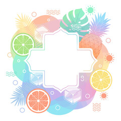 Minimal pastel gradient summer cocktail label.ai: A soft, dreamy vector illustration featuring tropical leaves, citrus fruits, and a pastel gradient background for a modern sticker or label