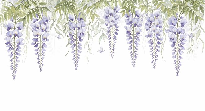 Fototapeta Beautiful hanging wisteria flowers with green leaves against a white background creating an elegant floral border for natural decoration and spring themes