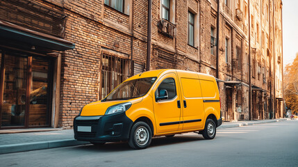Bright yellow delivery van parked on urban street by brick buildings
