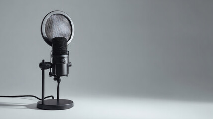 Minimal desk microphone with pop filter on soft gray background, clean livestream and podcast setup with generous copy space
