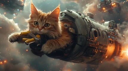 Ginger cat astronaut riding a rocket through space