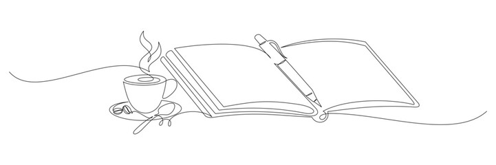 Continuous line drawing of a cup of latte coffee with book vector illustration 2