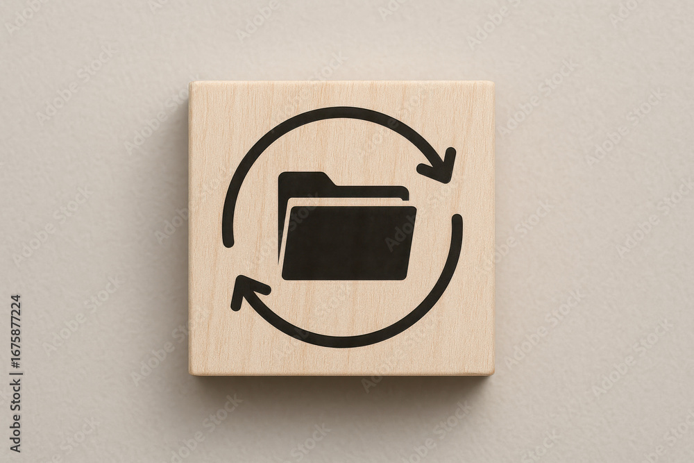 Poster folder sync icon on wooden block with arrows symbolizing data update