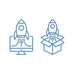 Rocket launching from computer screen and open box icons