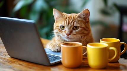 Orange tabby cat working on a laptop with coffee mugs