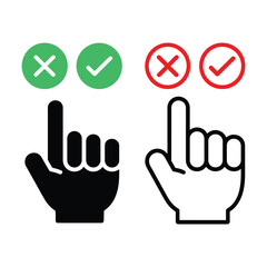 Hand cursor icons with checkmark and cross symbols