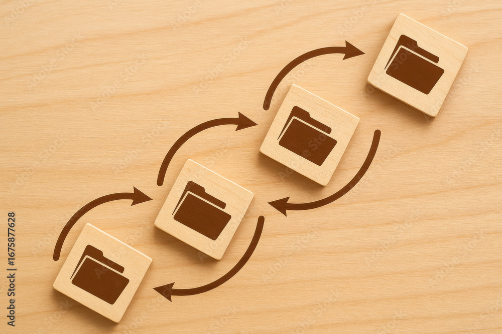 Poster file folder icons on wooden blocks with arrows showing data transfer process