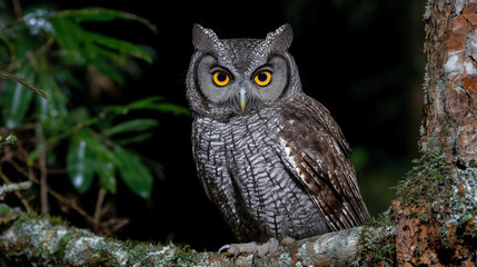 Obraz premium Close-up of a majestic owl perched on a tree branch at night in a forest with glowing yellow eyes and detailed feathers 