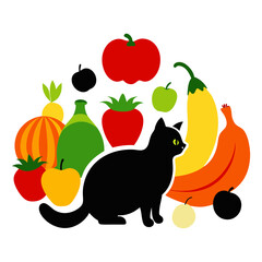 Vector art illustration of fruits and vegetables scattered around a cat