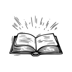 Open book with light rays emanating upwards in a black and white sketch style illustration image