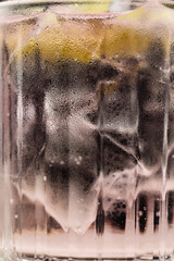 Refreshing cocktail served in a glass with ice cubes and lime slices. Close-up of a cold drink with...