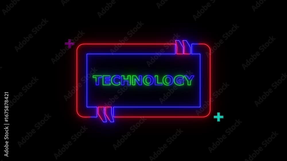 Poster neon sign technology text frame border and lopping plus icon with on black background.