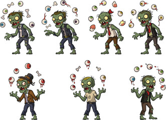 Cartoon zombies juggling eyeballs and bones in horror Halloween theme, spooky undead characters vector set for creepy design illustration