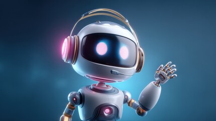 3D Cute AI Chatbot Robot with Headset and Glowing Eyes Waving Hand.