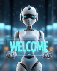 Naklejka premium Futuristic AI Humanoid Robot Receptionist Holding Holographic Welcome Sign.