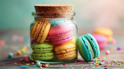 colorful image of an assortment of macarons a glass jar with a cork lid.The macarons, along with a scattering of colorful sprinkles, create a sense of fun and sweetness on a rustic wooden table