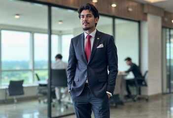 Fototapeta premium Confident businessman in a dark suit and red tie stands with hands in pockets in an office