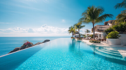 Naklejka premium Luxury Tropical Infinity Pool Overlooking the Ocean with Palm Trees and Resort Lounge Area on a Sunny Day 