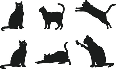 Cat Silhouette Vector Set Featuring Sitting, Jumping, Stretching, and Funny Reading Pose for Pet Illustrations and Design Projects