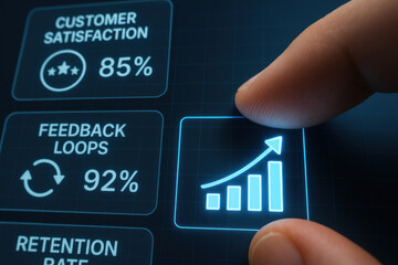 Customer satisfaction and feedback loops with finger pressing growth chart on digital screen