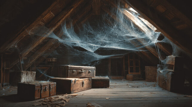 An abandoned attic filled with cobwebs, dust, and old wooden trunks under dim light