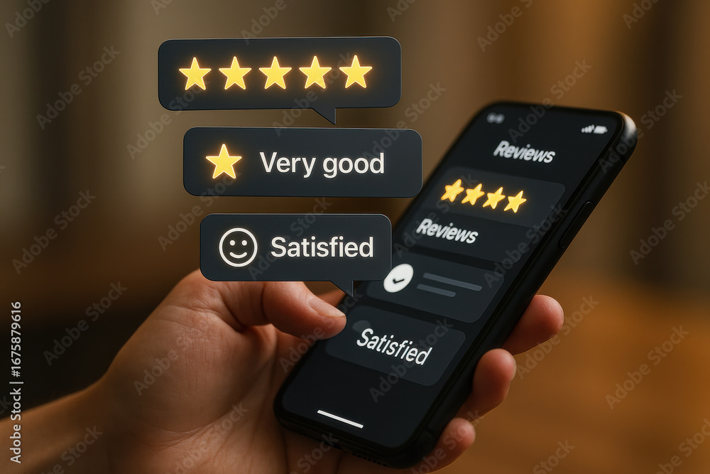 Poster positive customer feedback on smartphone screen with five star rating and satisfaction message