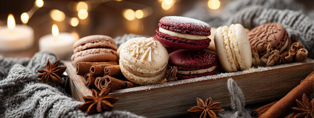 Assorted colorful macarons in a wooden tray with cinnamon sticks, star anise, and cozy holiday lights in the background