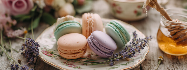 Assorted pastel macarons with honey and lavender on floral plate &ndash; elegant French dessert with rustic romantic background