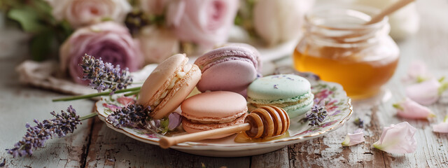 Assorted pastel macarons with honey and lavender on floral plate &ndash; elegant French dessert with rustic romantic background