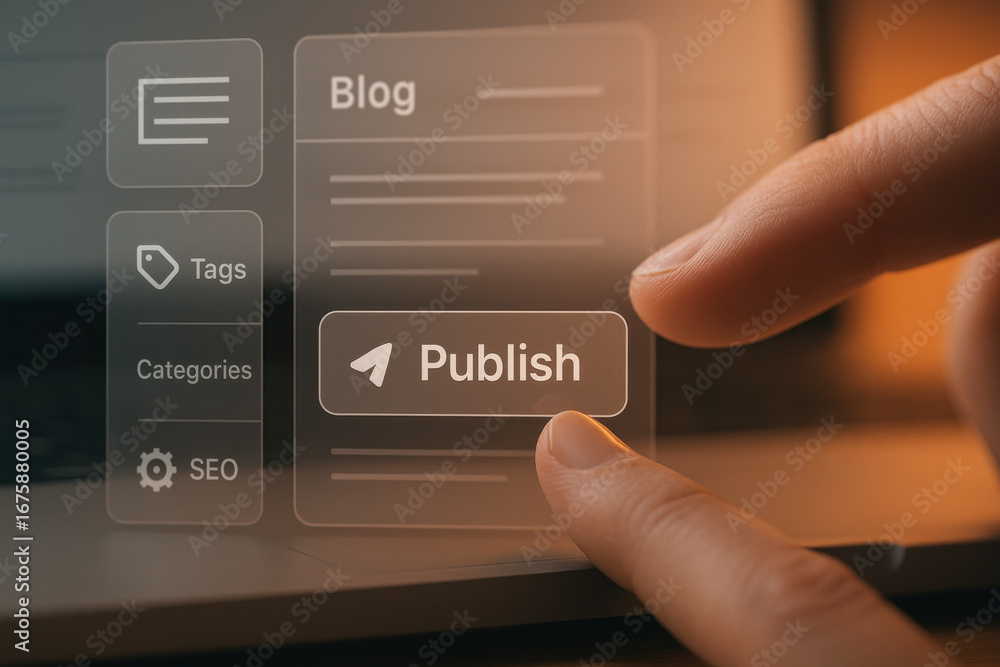 Poster publishing blog content on digital interface with finger pressing button on laptop