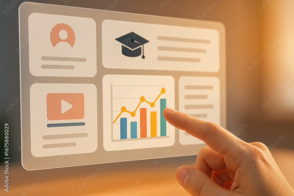 Aufkleber hand interacting with futuristic digital interface showing education and data analytics